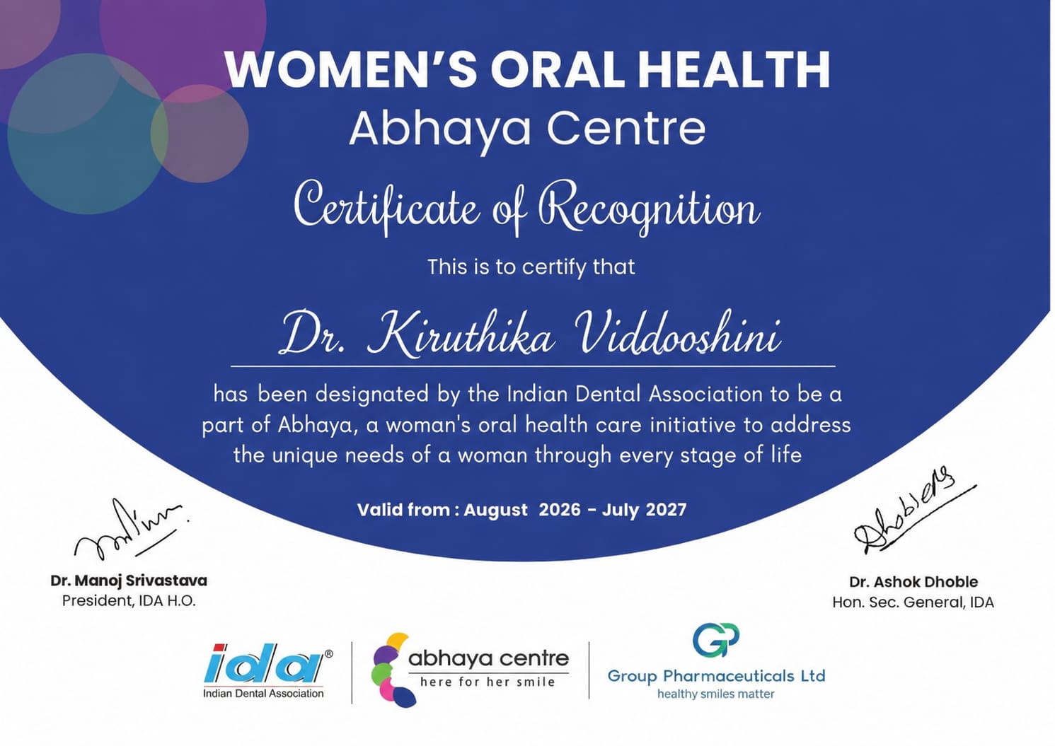 IDA Abhaya Centre Certificate of Recognition